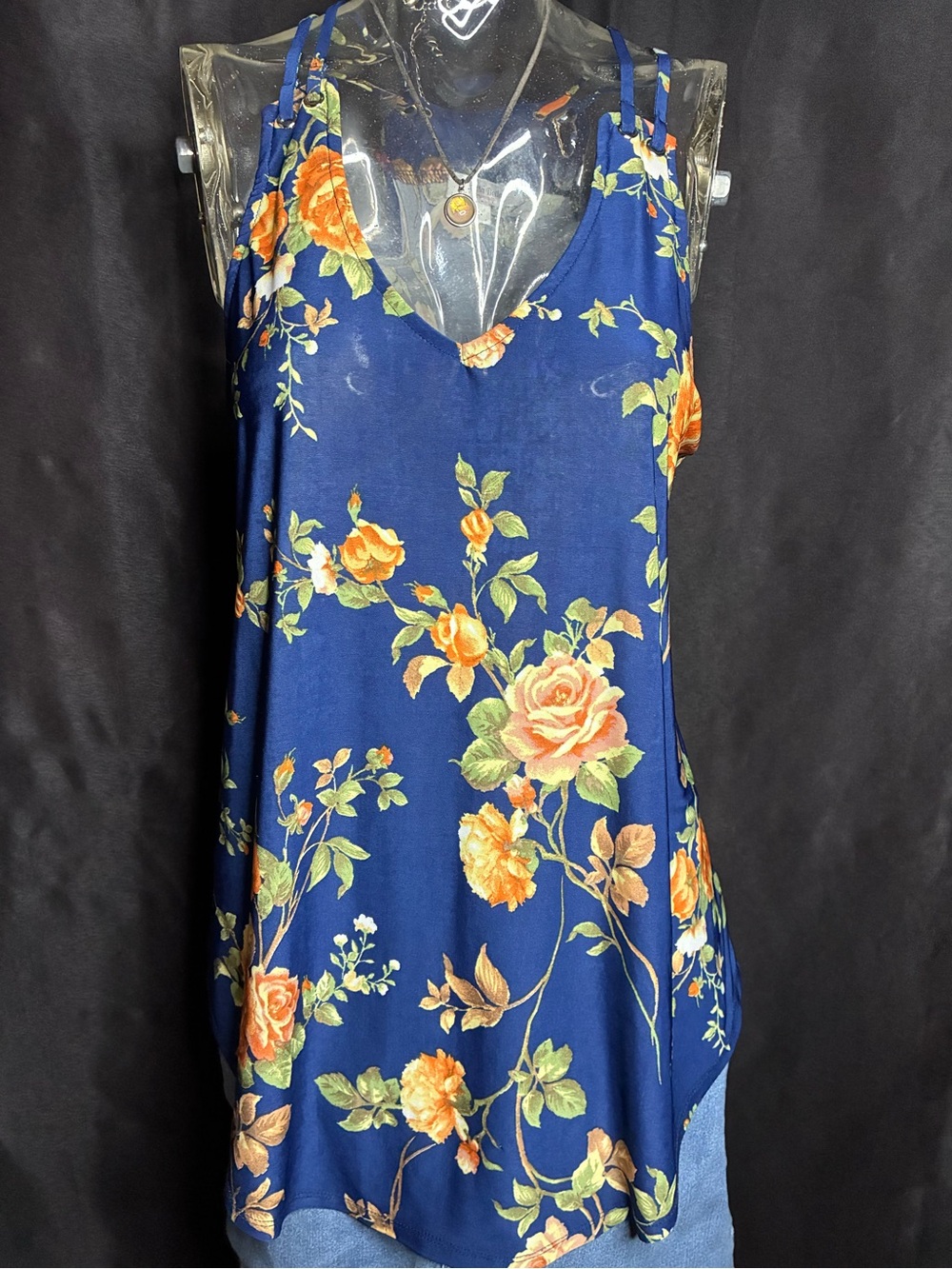 Floral V-Neck Navy Tank Top with Orange Rose Print